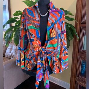 Mishca Multicolor Print w/Tie Open Front Blouse Abstract Artsy Top - Large
